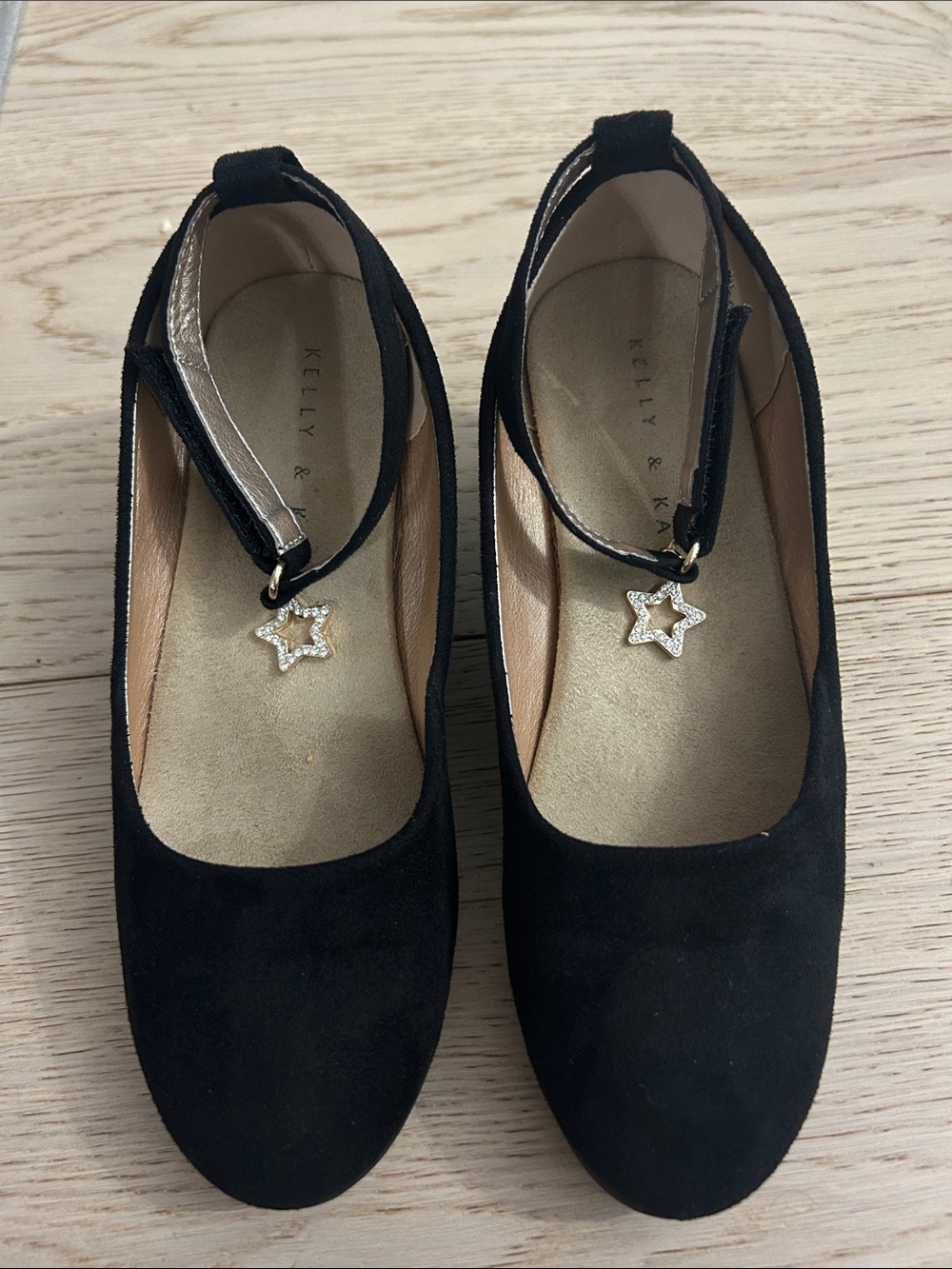NEW! Kelly & Katie Black Suede Ankle-Strap Flats with Star Charm Accent